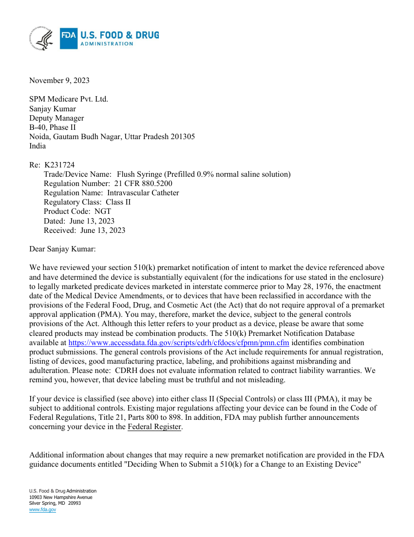 US FDA — Prefilled Saline Flush Syringe document preview